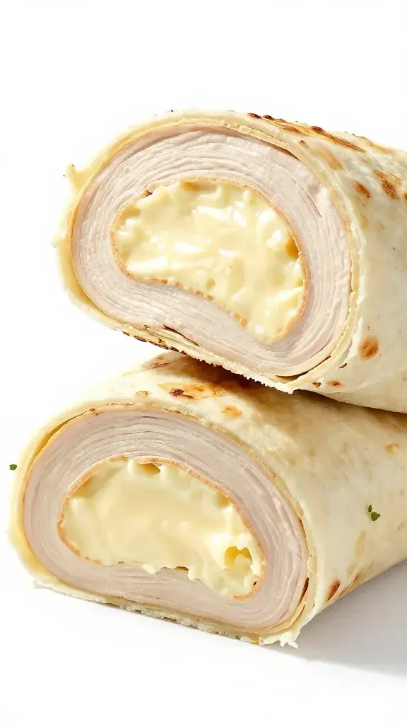 Closeup of a single turkey wrap spiral half sliced to reveal creamy cheese core