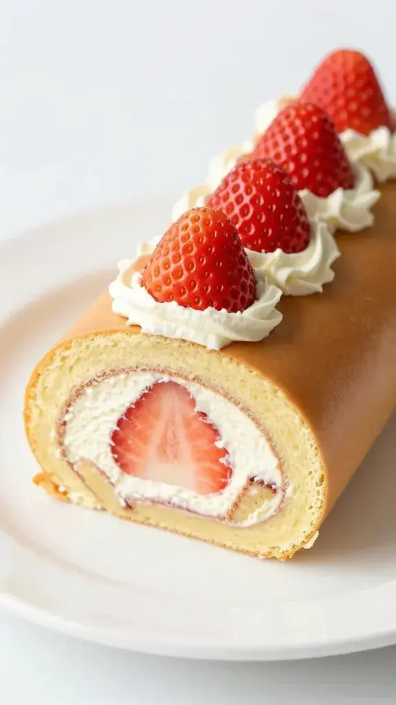 closeup of strawberry cream cheese roll-up on white plate