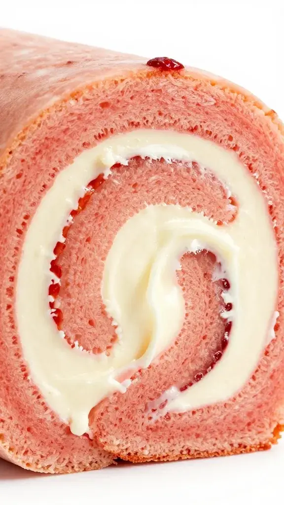 closeup of cream cheese swirled inside strawberry roll-up bite