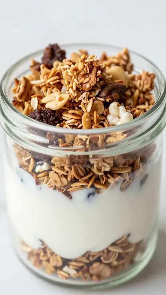 Closeup of a single parfait jar with visible crunchy granola topping