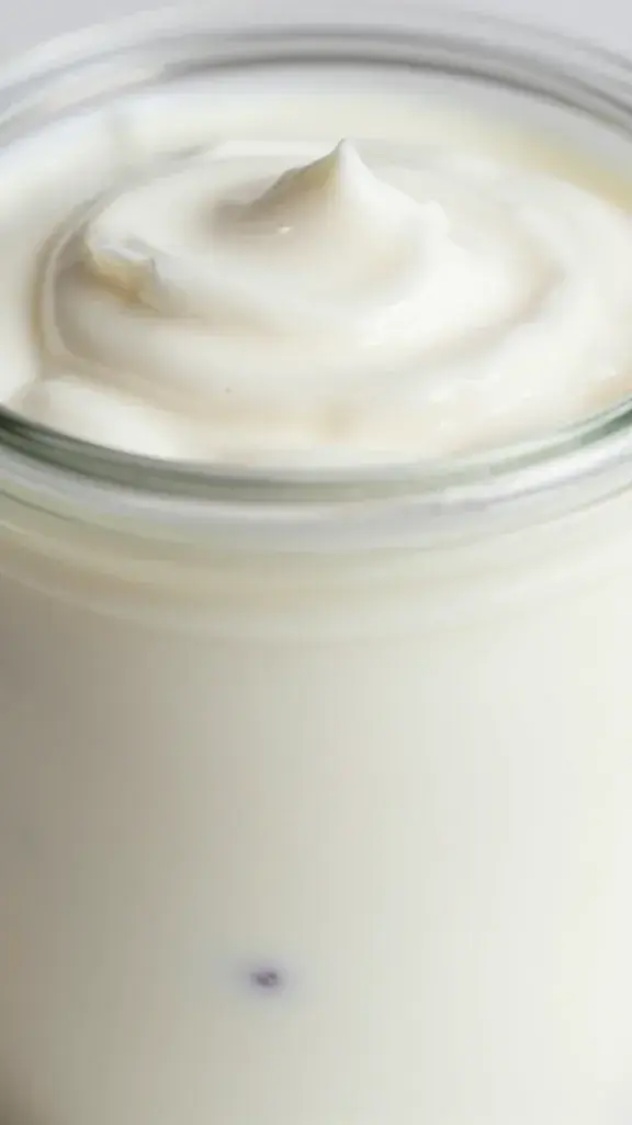 Extreme closeup of creamy yogurt layer in a parfait jar with fruit specks