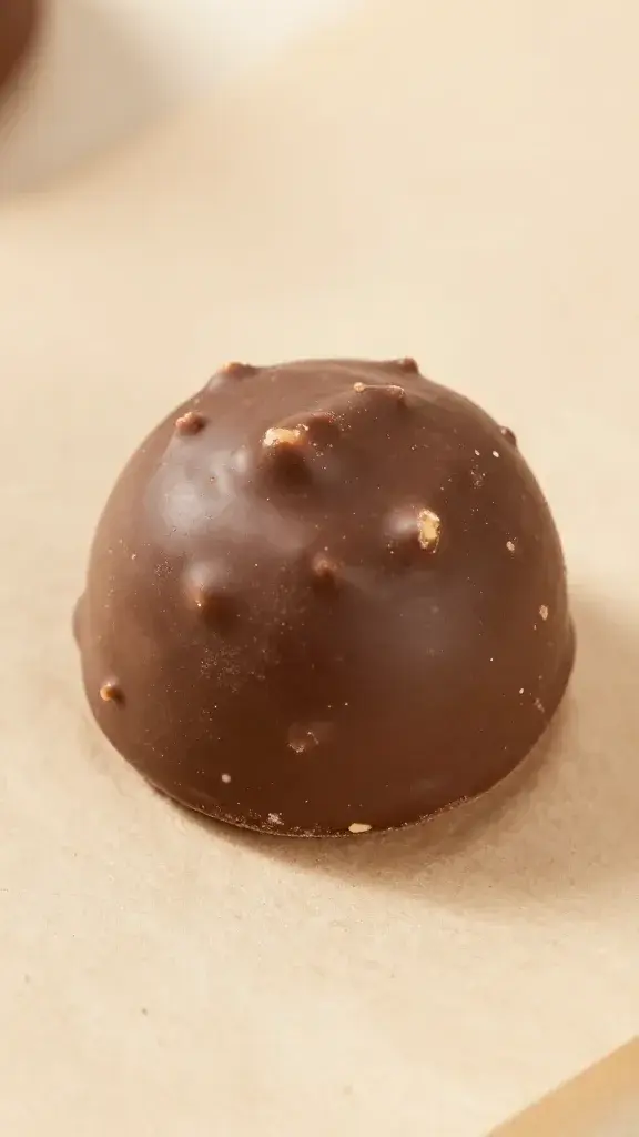 Close-up of a single chocolate peanut butter bite on parchment