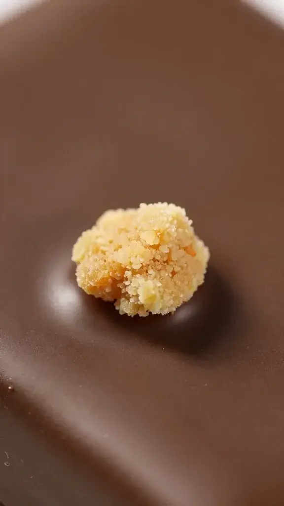 macro shot of a single graham crust crumb atop a glossy chocolate layer