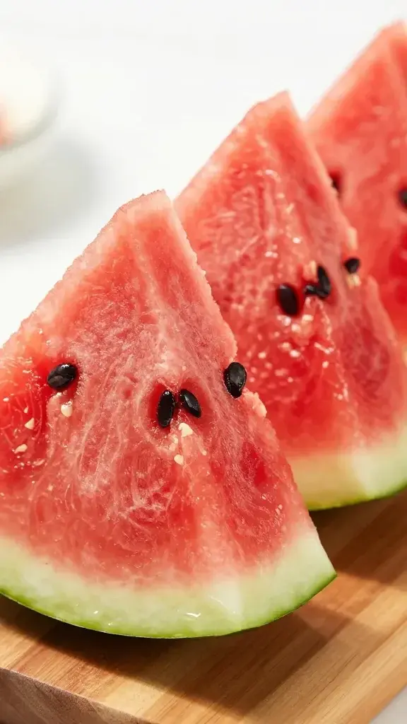 closeup of watermelon wedges on wooden board, glossy shine