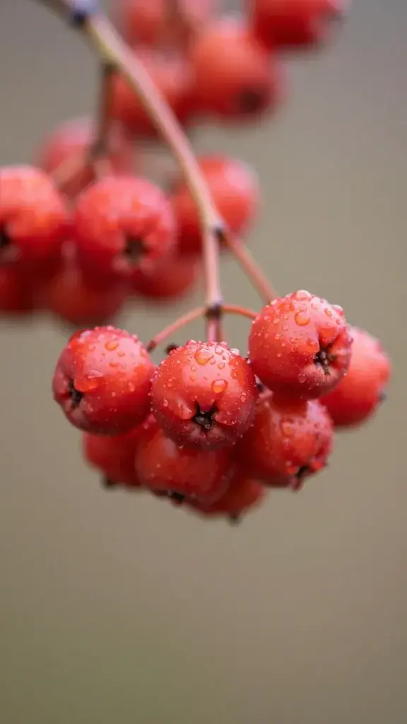 closeup of red berries cluster, dew drops, soft bokeh light