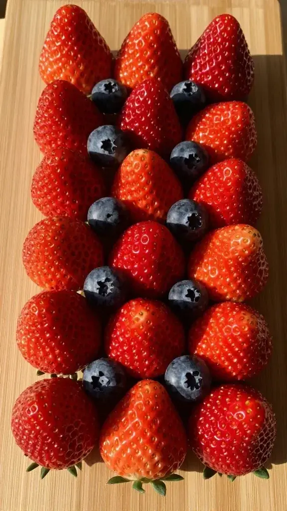 closeup of a single fruit board segment featuring strawberries and blueberries in sunset color arrangement
