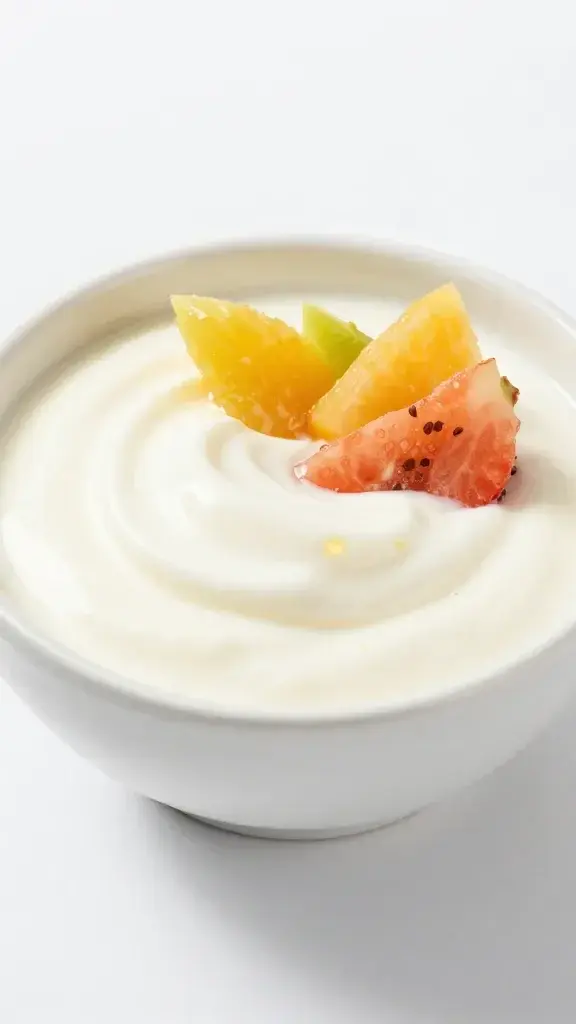 closeup of a single small bowl of honey yogurt dip with fruit slice garnish on clean white background