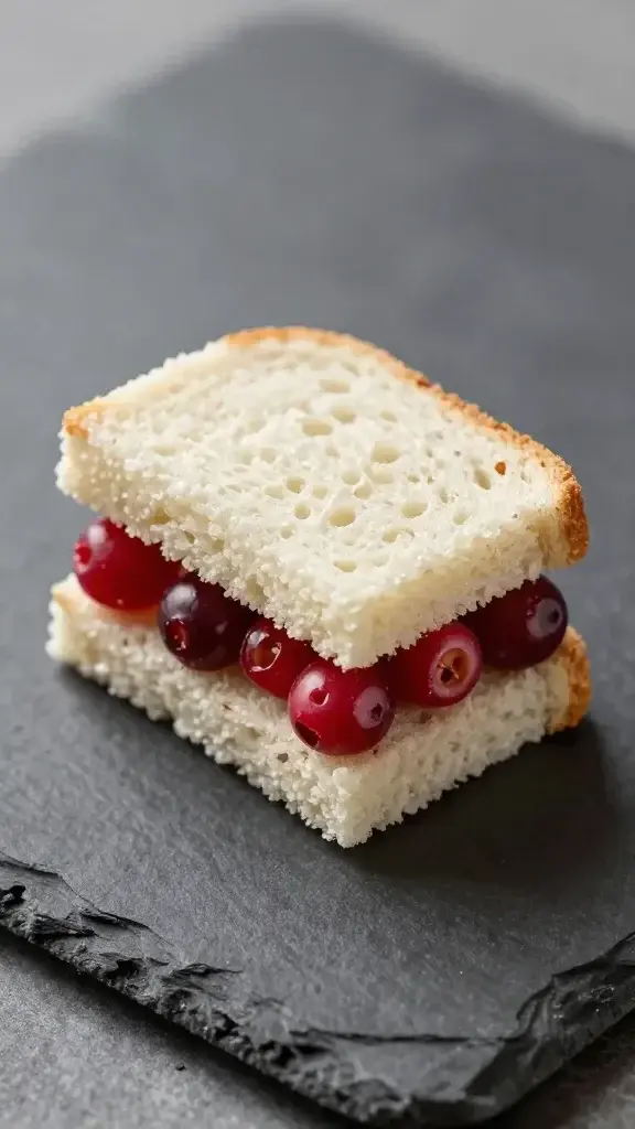 Closeup of a single miniature turkey-cranberry sandwich on slate