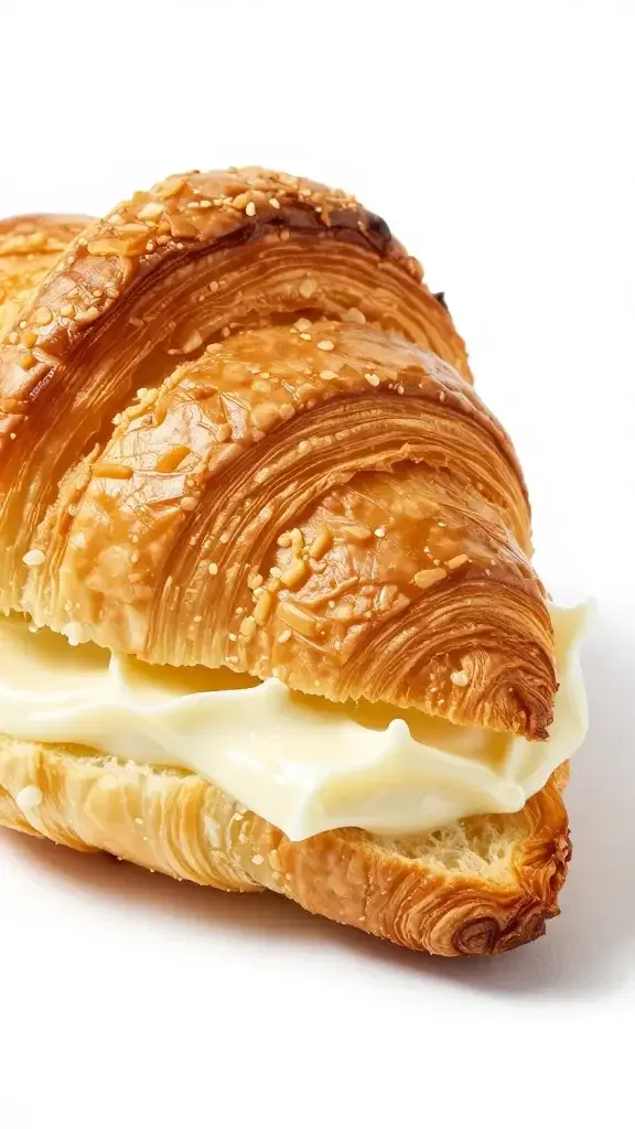 Closeup of one mini croissant sandwich with cream cheese filling