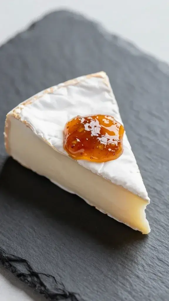 closeup of a single brie wedge on slate board with fig jam drizzle