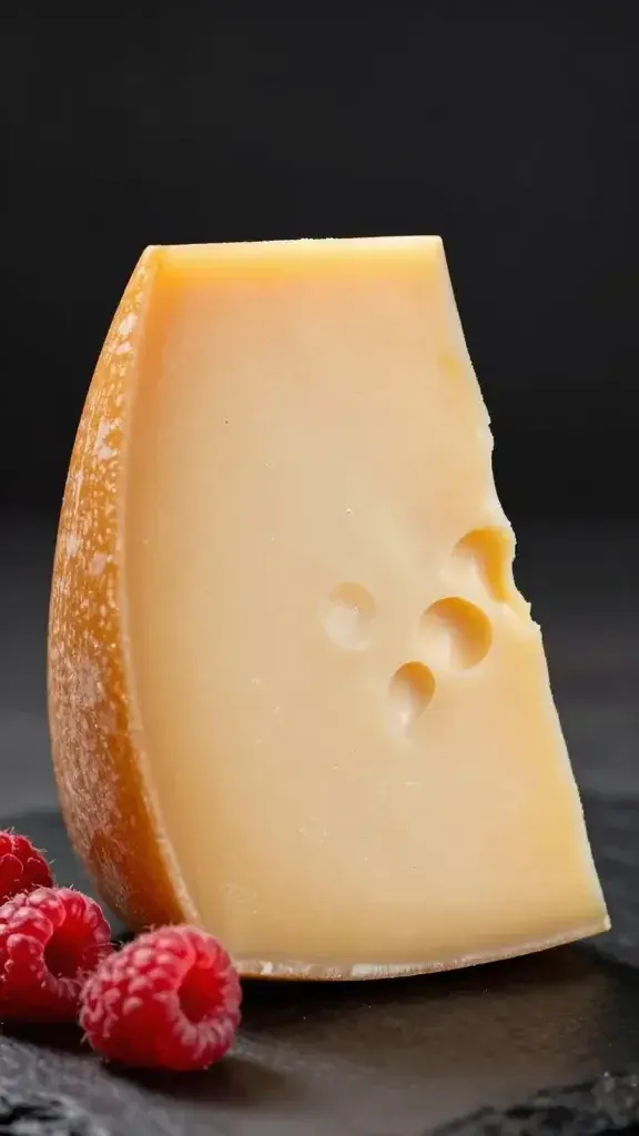 closeup of a single gouda cheese slice with raspberry on dark backdrop