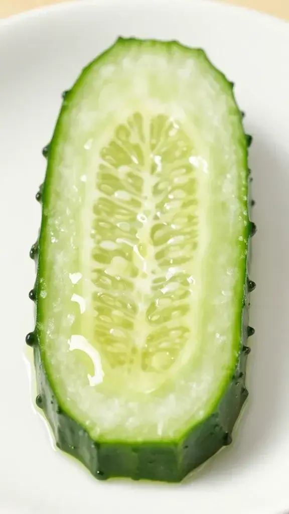 Closeup of a crisp cucumber slice, glossy with dressing, on white plate