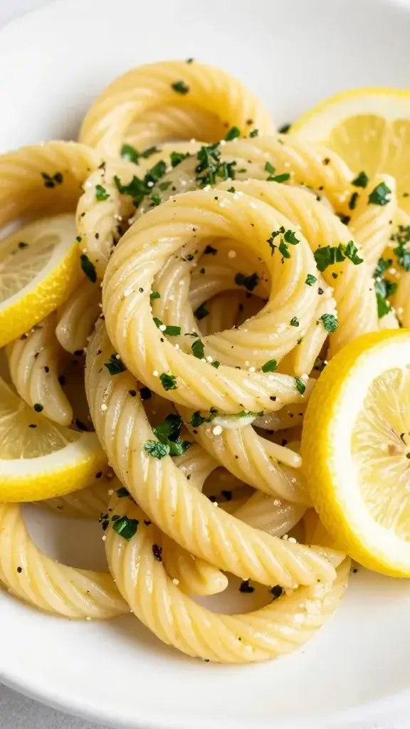 Closeup of lemon-herb pasta salad twirl on white plate