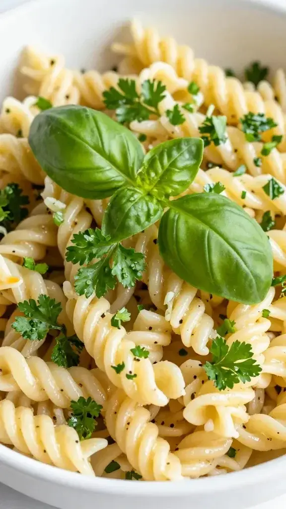 Closeup of fresh parsley and basil leaves atop pasta salad bowl