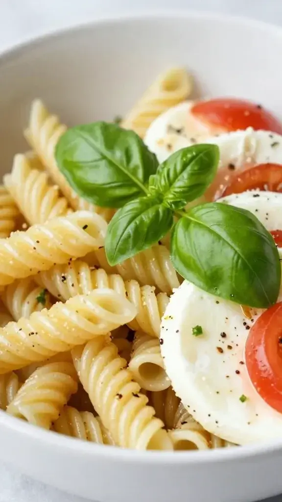 closeup of Caprese pasta salad bowl with basil sprig