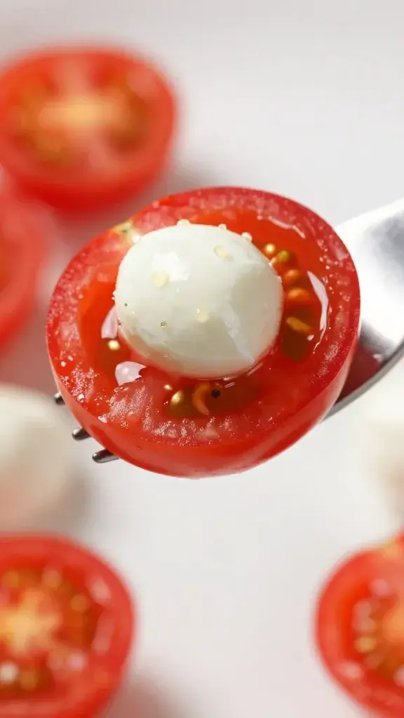 closeup of mozzarella pearls with cherry tomato halves on fork