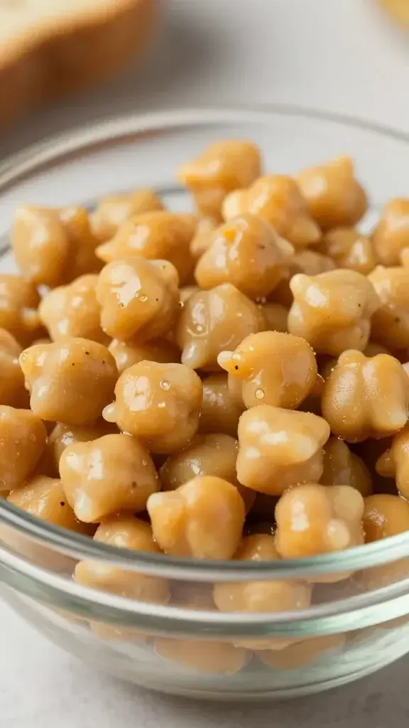 Closeup of a single chickpea salad sandwich filling in a glass bowl