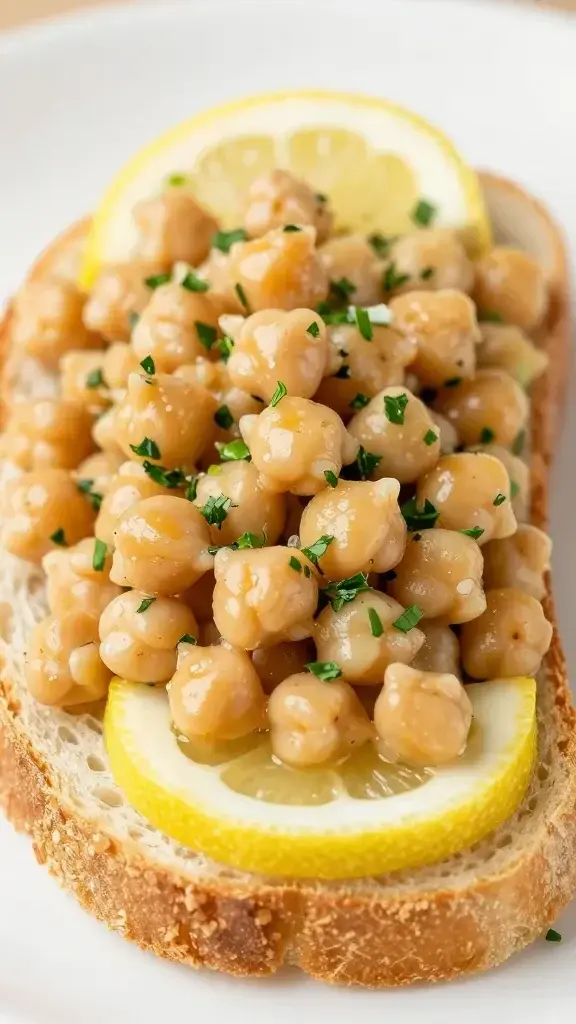 Closeup of a single lemon-herb chickpea salad scoop on bread slice