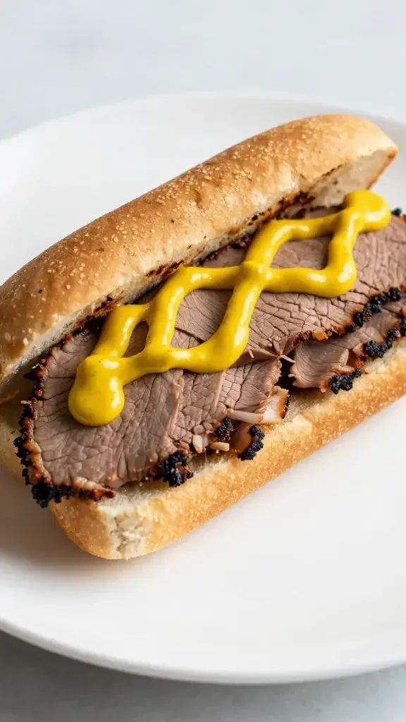 closeup of a single roast beef mini sandwich with mustard on a white plate