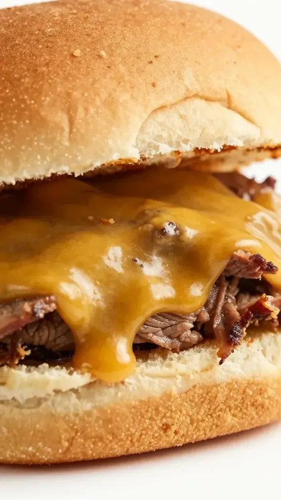 extreme closeup of a lone mustard-glazed roast beef bite sandwich on brioche slider bun