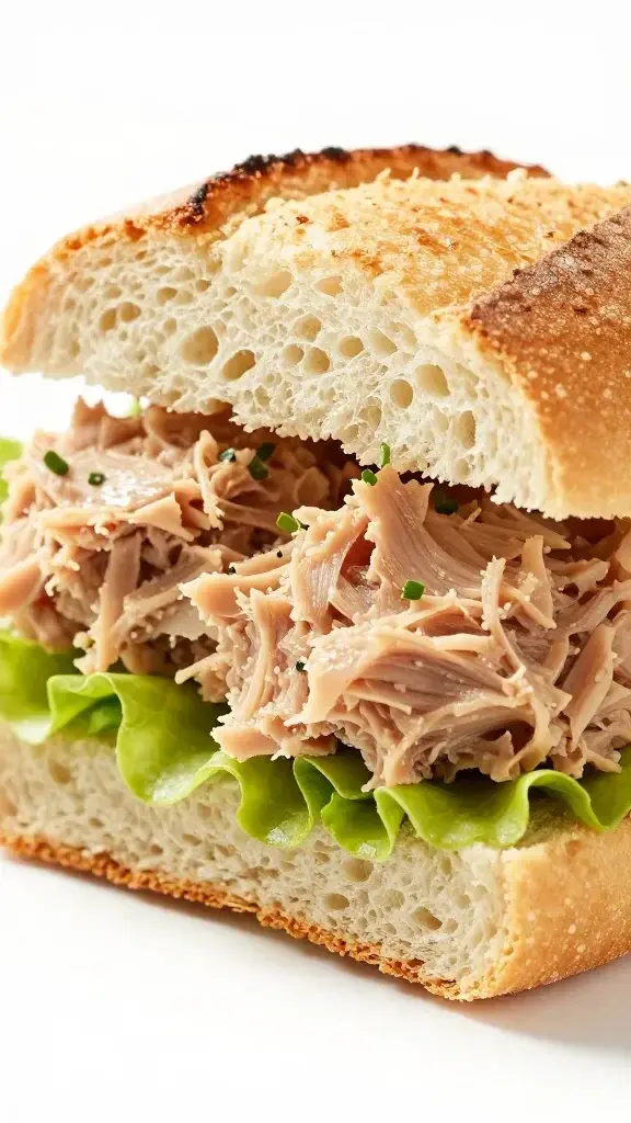 closeup of a tuna salad mini sandwich halved on crusty roll