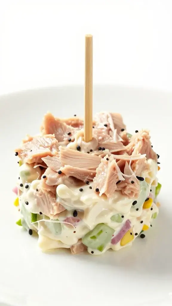 closeup of single plated tuna salad bite with toothpick garnish