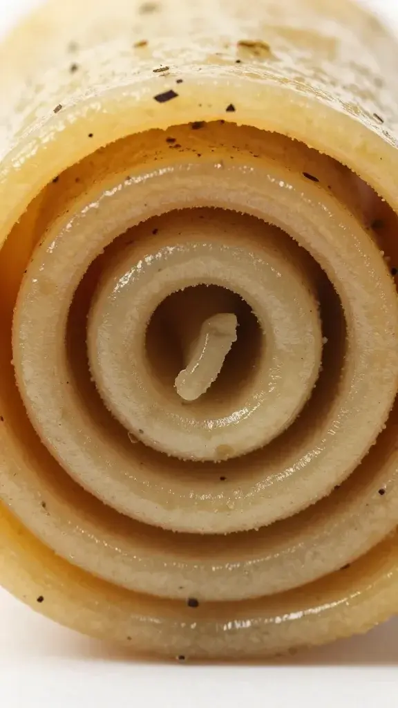 macro shot of a lone glossy spiral roll-up half, oregano specks visible