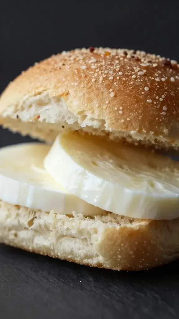 Closeup of a single Mini Caprese sandwich on a soft roll