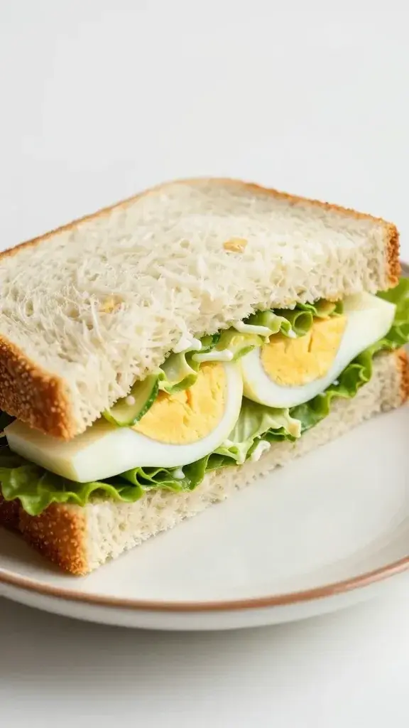 closeup of a single egg salad finger sandwich on a small retro plate