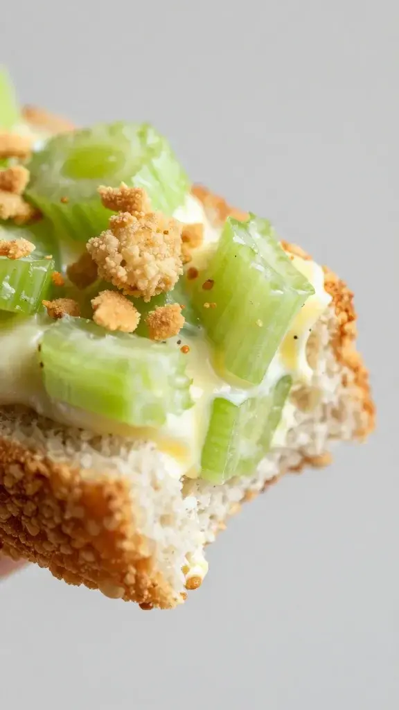 macro shot of one egg salad finger sandwich bite showing crunch bits into celery pieces