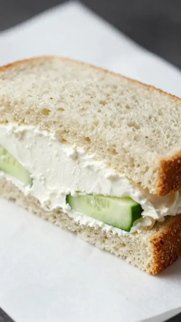 Closeup of cucumber cream cheese finger sandwich on white tissue
