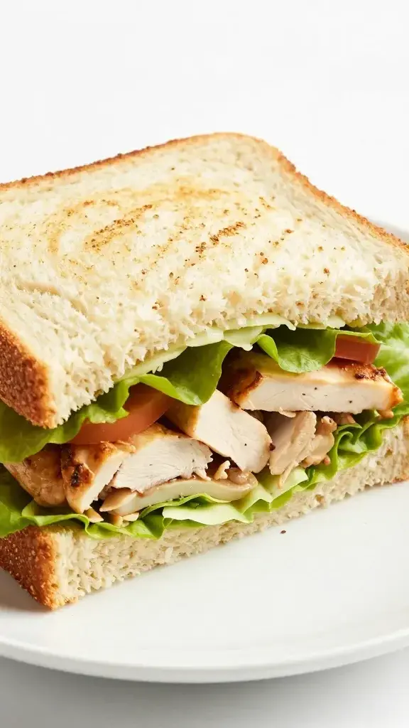 Closeup of a single chicken salad tea sandwich on white plate