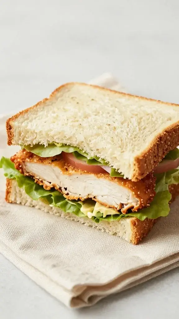 Closeup of a single bite-sized chicken salad tea sandwich on linen napkin