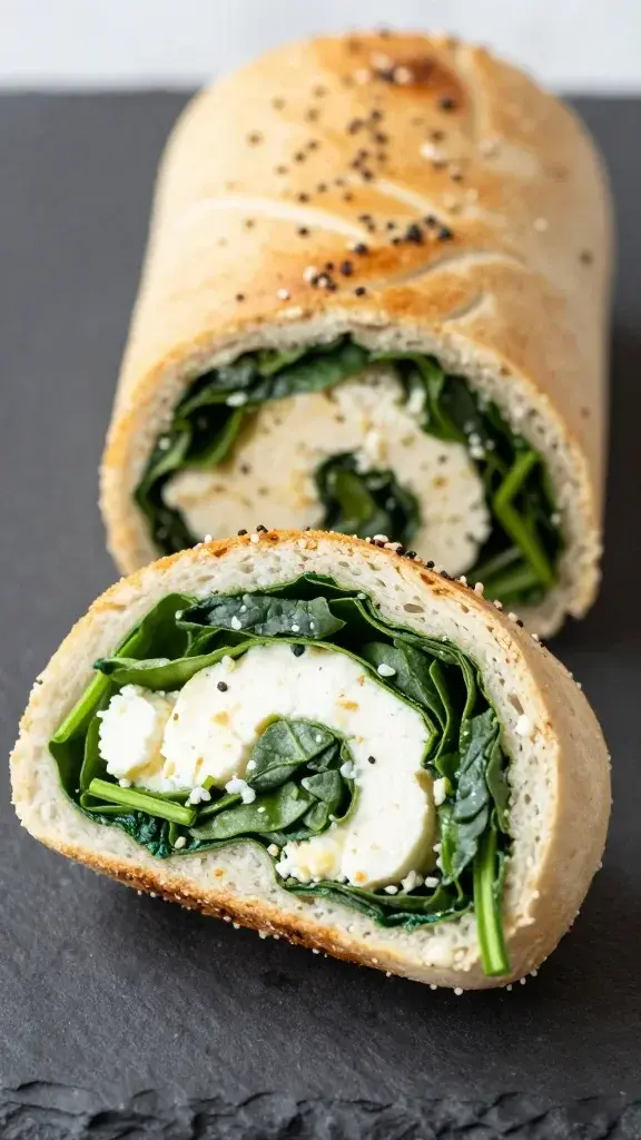 closeup of a spinach and feta pinwheel sliced crosswise on slate