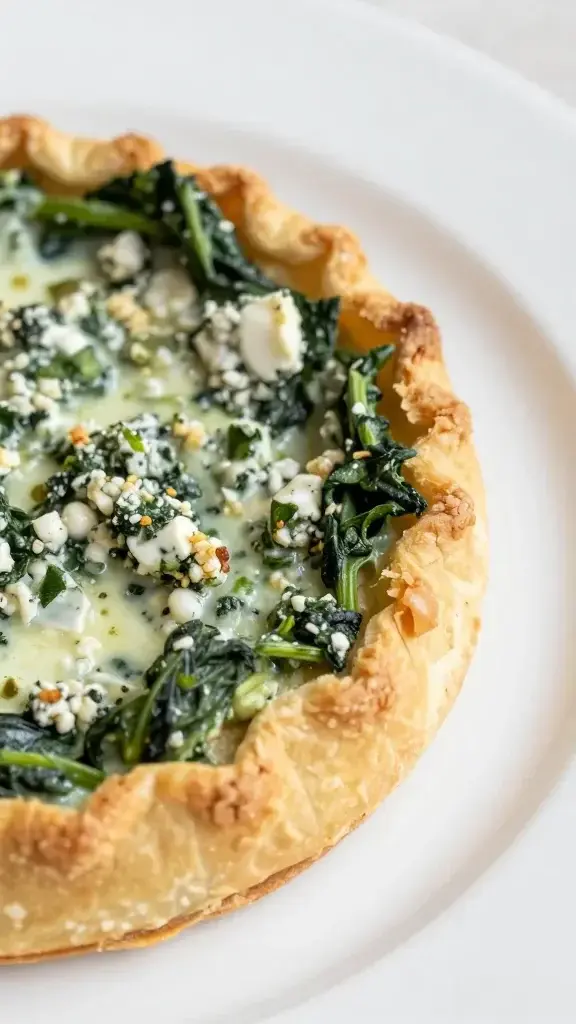 closeup of flaky pastry edge with spinach-feta filling on white plate