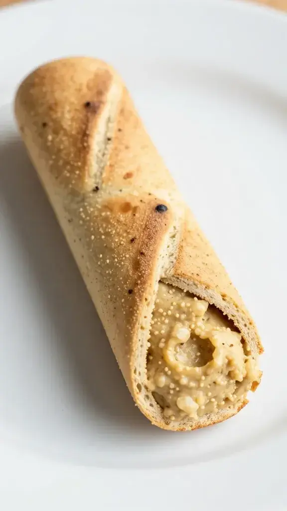 Closeup of a single veggie hummus pinwheel half on white plate
