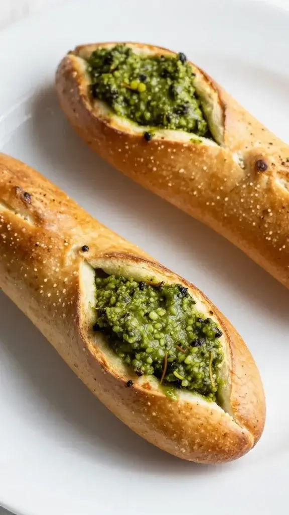 Close-up of a turkey pesto pinwheel on white plate