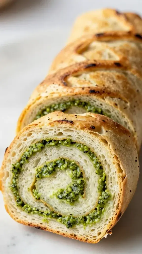 Zoomed shot of sliced pinwheel spiral with pesto cream filling