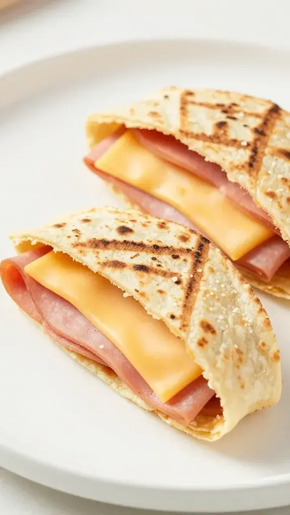 closeup of ham and cheese tortilla pinwheel sliced crosswise on white plate