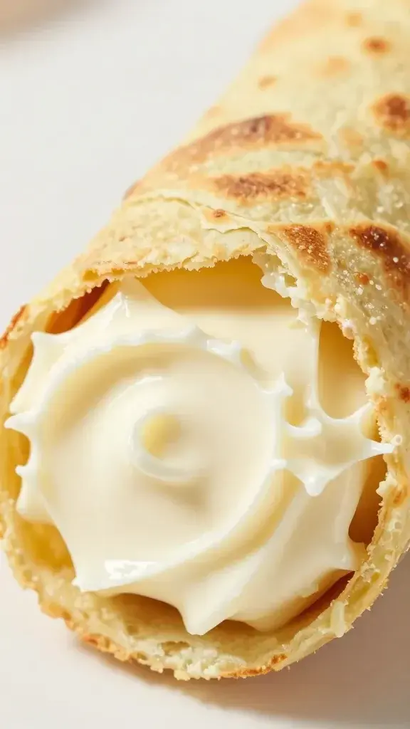 closeup of cream cheese spread being layered inside tortilla pinwheel roll