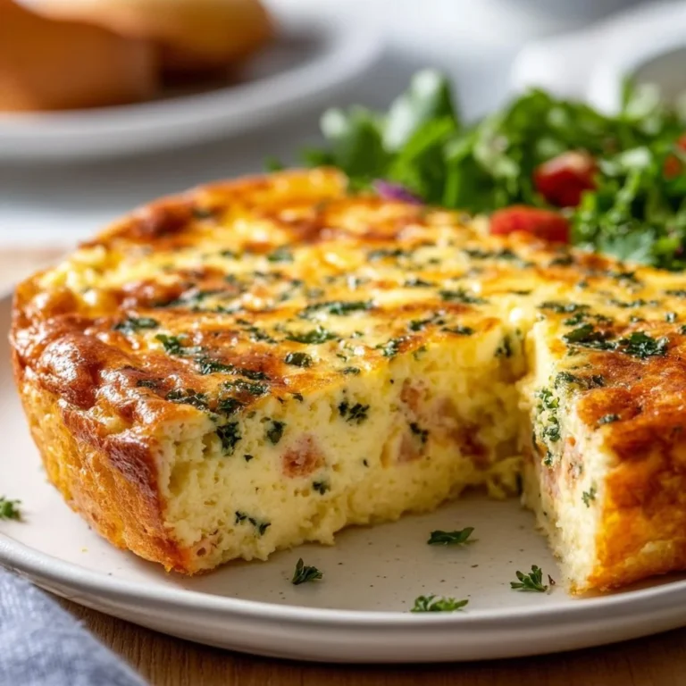Ina Garten crustless quiche served on a colorful plate with fresh herbs.