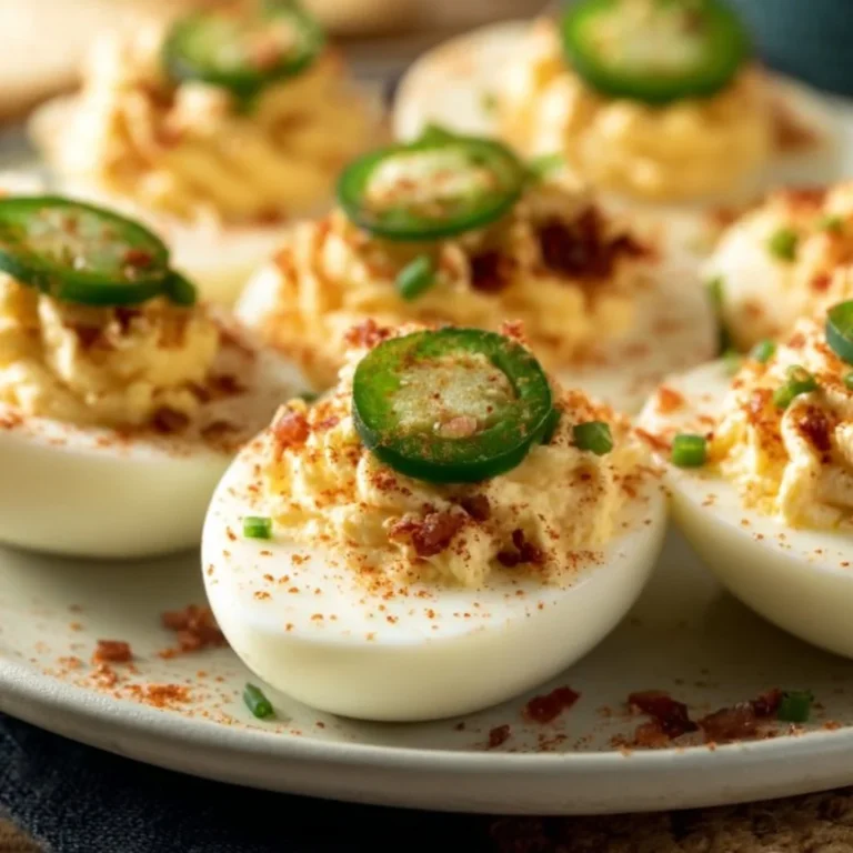 Plated Jalapeño Popper Deviled Eggs garnished with jalapeño slices and bacon bits