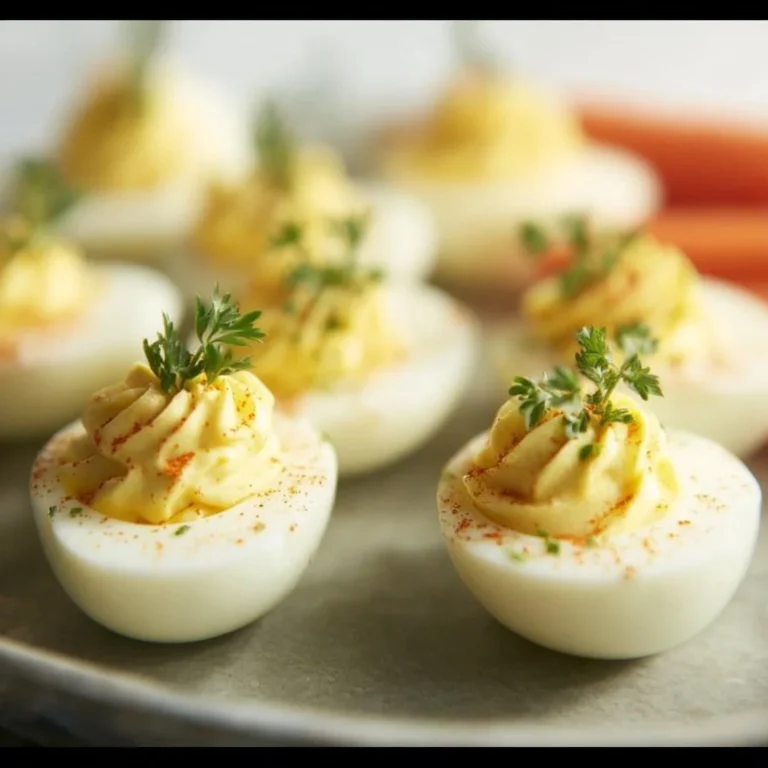 Keto Deviled Eggs topped with paprika and herbs on a plate