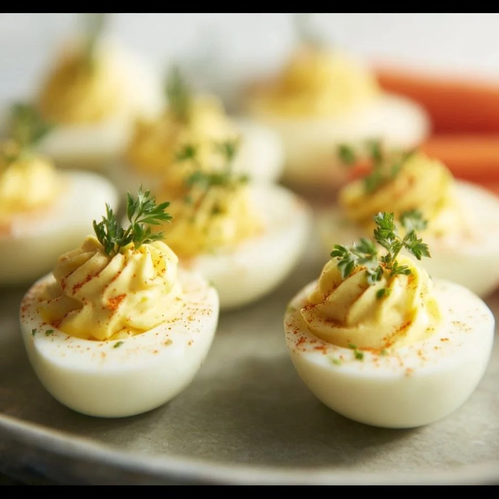 Keto Deviled Eggs topped with paprika and herbs on a plate