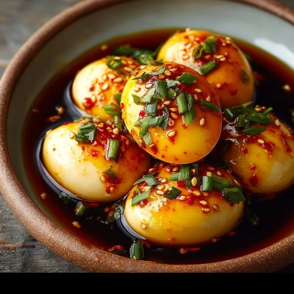 Korean soy marinated eggs beautifully plated with garnishes.