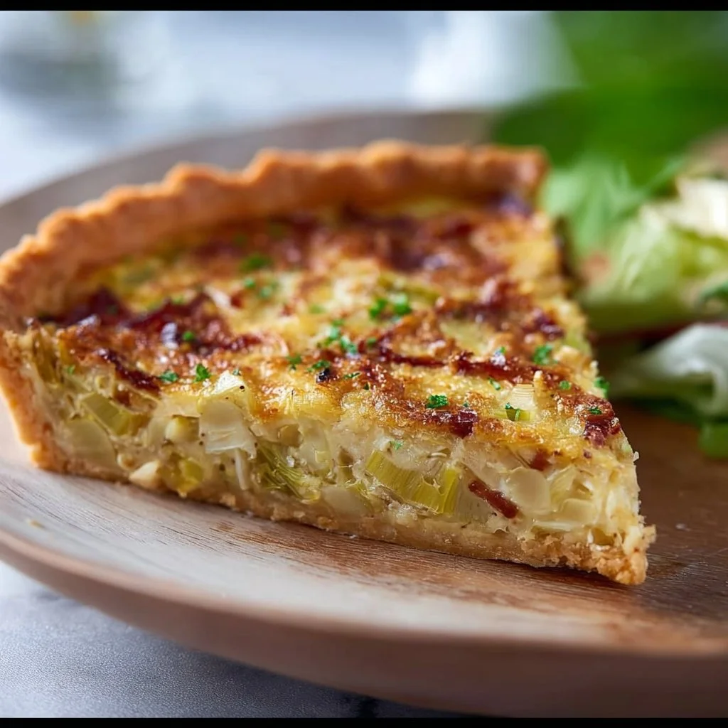 Homemade Leek Tart garnished with fresh herbs and served on a plate.