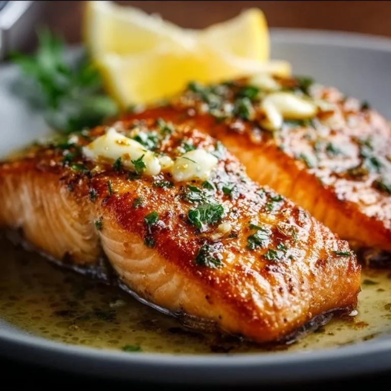 Delicious Lemon Garlic Butter Salmon served with fresh herbs and lemon slices