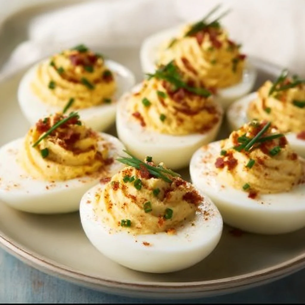 Loaded Deviled Eggs topped with various flavorful ingredients