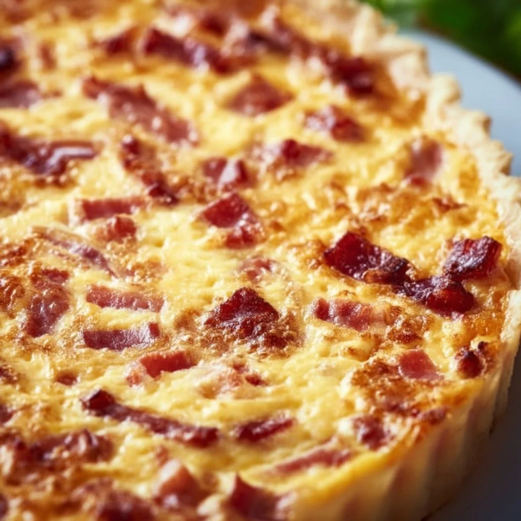 Delicious Lorraine Quiche with eggs, cheese, and creamy filling in a golden crust