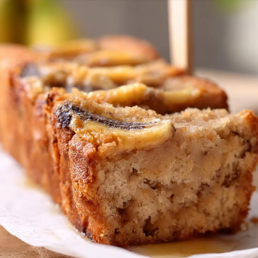 Low calorie banana bread slice on a plate with a banana.